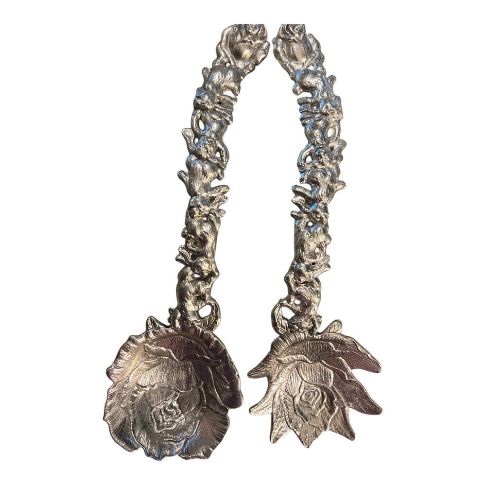 Rare 1995 Arthur Court Rabbit Cabbage Rose Salad, Serving Fork & Spoon Set